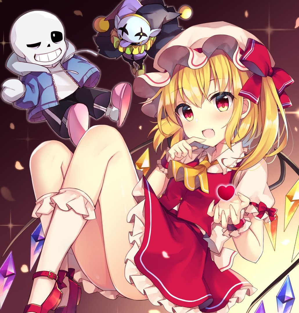 1girl 2boys :d ;) arm_up artist_name bangs black_pants blonde_hair blue_jacket bow breasts buckle buttons chibi collar commentary_request crystal deltarune eyebrows_visible_through_hair eyes_visible_through_hair fang fingernails flandre_scarlet frilled_shirt_collar frills grin hair_between_eyes hand_in_pocket hand_up hat hat_ribbon heart hood hoodie jacket jester_cap jevil jumping long_sleeves looking_at_viewer medium_breasts mob_cap multicolored_wings multiple_boys neck_ruff one_eye_closed one_side_up open_mouth pants petals puffy_short_sleeves puffy_sleeves red_bow red_footwear red_ribbon red_skirt red_vest ribbon ruhika sans sharp_teeth shirt shoes short_hair short_sleeves skeleton skirt slippers small_breasts smile sparkle teeth thighs touhou undertale vest white_bow white_headwear white_shirt wings wrist_cuffs yellow_neckwear