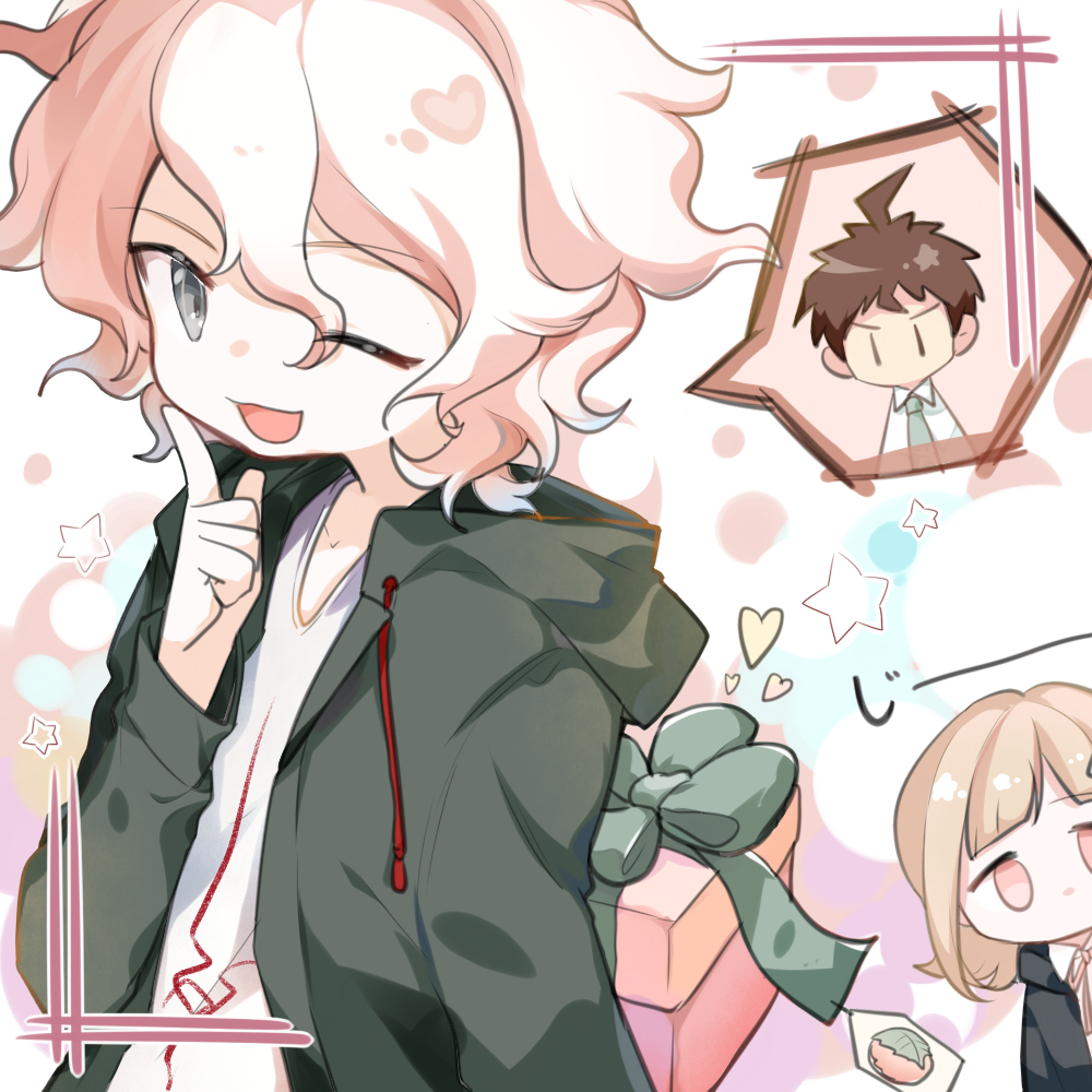 1boy 1girl :d ahoge arm_behind_back bangs black_jacket chibi commentary_request dangan_ronpa eyebrows_visible_through_hair gift green_jacket hinata_hajime holding holding_gift hood hooded_jacket hoodie index_finger_raised jacket komaeda_nagito light_brown_hair long_sleeves looking_at_viewer midou_(grk12138) nanami_chiaki necktie one_eye_closed open_clothes open_jacket open_mouth pink_ribbon ribbon shirt smile spoken_character star_(symbol) star_print super_dangan_ronpa_2 upper_body white_shirt