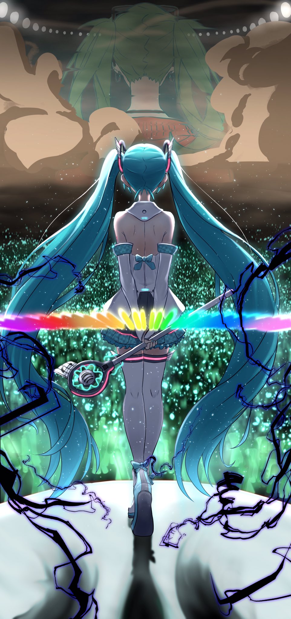 aqua_eyes aqua_hair aqua_nails arms_behind_back audience backless_dress backless_outfit bare_shoulders commentary concert detached_sleeves dress eyewear_on_head frilled_skirt frills from_behind glitch green_hair hair_ornament hatsune_miku highres holding holding_wand itogari jacket lightning long_hair magical_mirai_(vocaloid) microphone_wand nail_polish projected_inset red_jacket sandstorm shoulder_tattoo skirt spotlight stage suna_no_wakusei_(vocaloid) sunglasses tattoo thigh-highs twintails very_long_hair vocaloid wand white_dress white_legwear white_sleeves