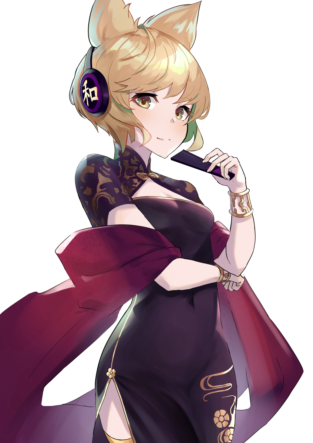 1girl amano_hagoromo bangle black_dress blonde_hair bracelet china_dress chinese_clothes commentary_request dress earmuffs eyelashes fan hand_up highres holding holding_fan jewelry looking_at_viewer pointy_hair short_hair short_sleeves side_slit simple_background smile solo touhou toyosatomimi_no_miko white_background yellow_eyes