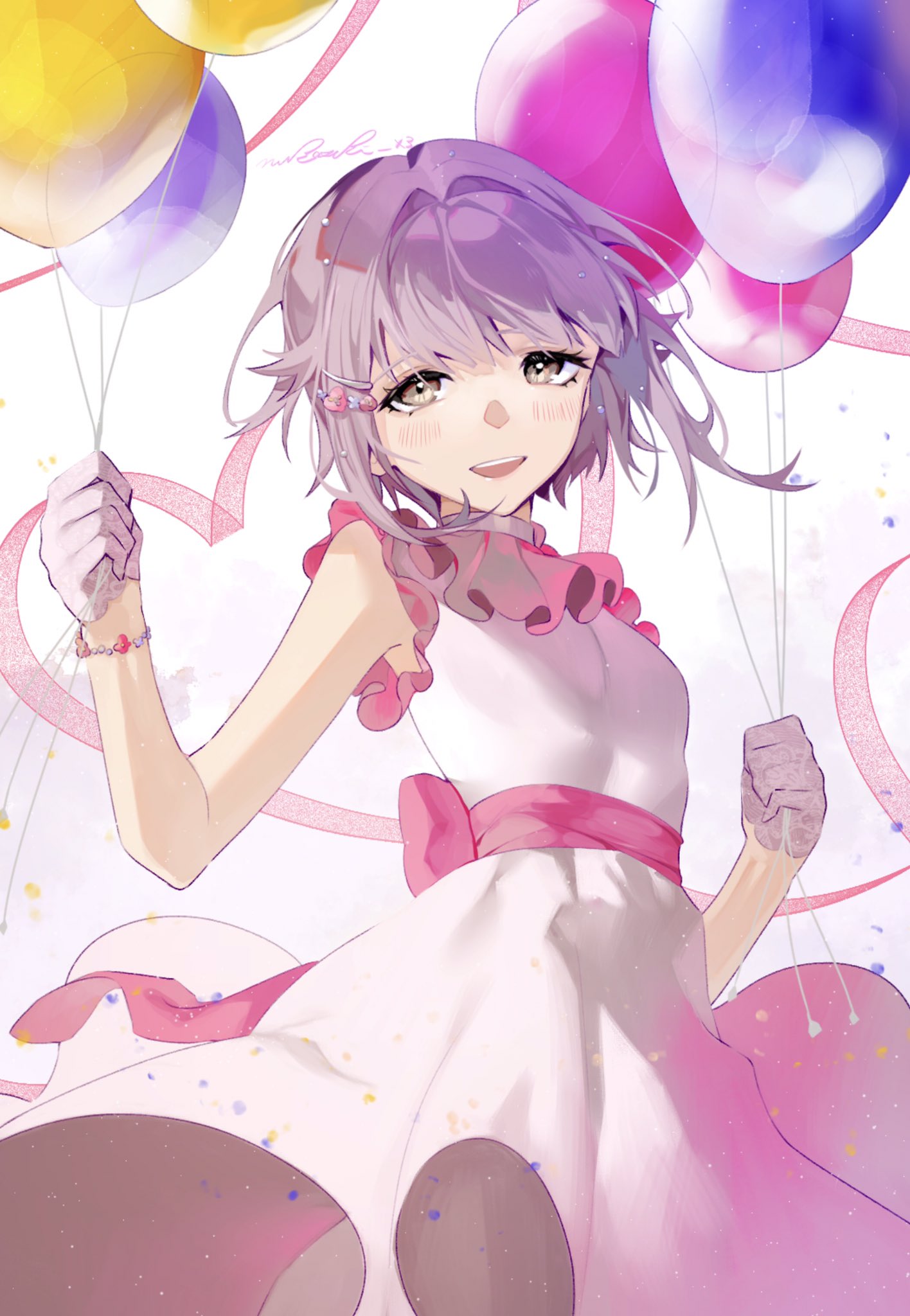 1girl back_bow balloon bangs bare_shoulders bow bracelet breasts commentary_request cowboy_shot dress eyelashes gloves hair_intakes hair_ornament hairpin highres holding holding_balloon idolmaster idolmaster_cinderella_girls jewelry koshimizu_sachiko koyo_akio looking_at_viewer open_mouth pink_bow pink_neckwear purple_hair short_hair signature simple_background sleeveless sleeveless_dress small_breasts smile solo standing swept_bangs symbol_commentary white_background white_dress white_gloves yellow_eyes