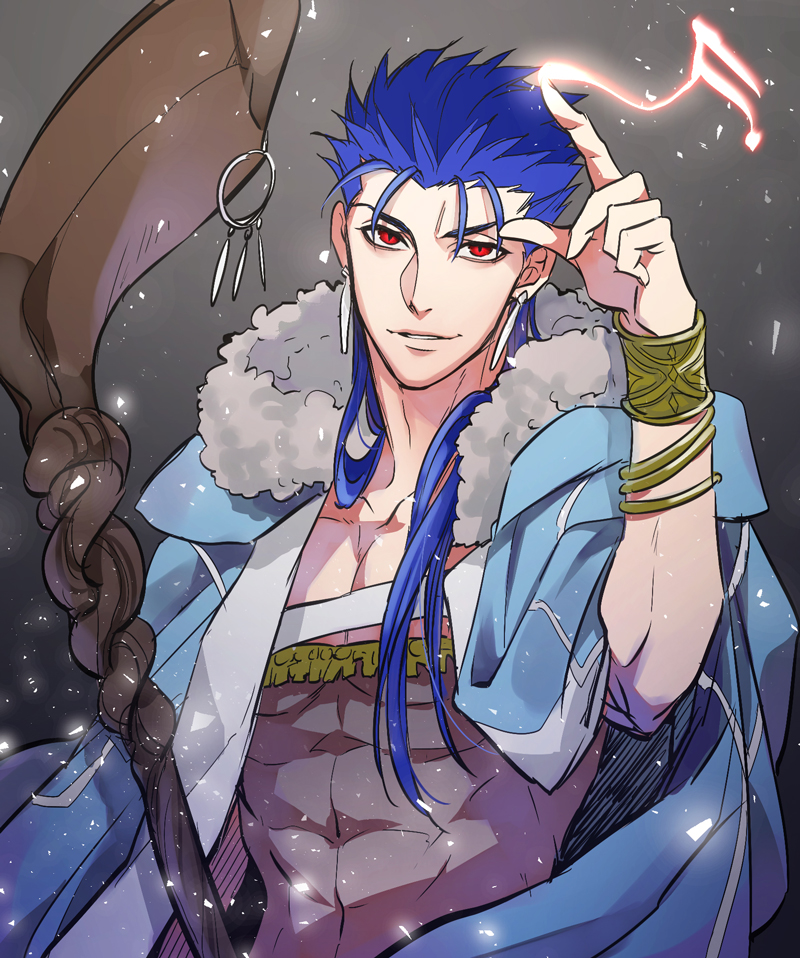 1boy abs blue_hair bracelet cape casting_spell cu_chulainn_(fate)_(all) cu_chulainn_(fate/grand_order) earrings fate/grand_order fate_(series) fur-trimmed_hood fur_trim grin hood hood_down hooded_cape jewelry long_hair male_focus mayuki_(ubiquitous) muscle pointing red_eyes runes skin_tight slit_pupils smile solo spiky_hair staff type-moon wooden_staff