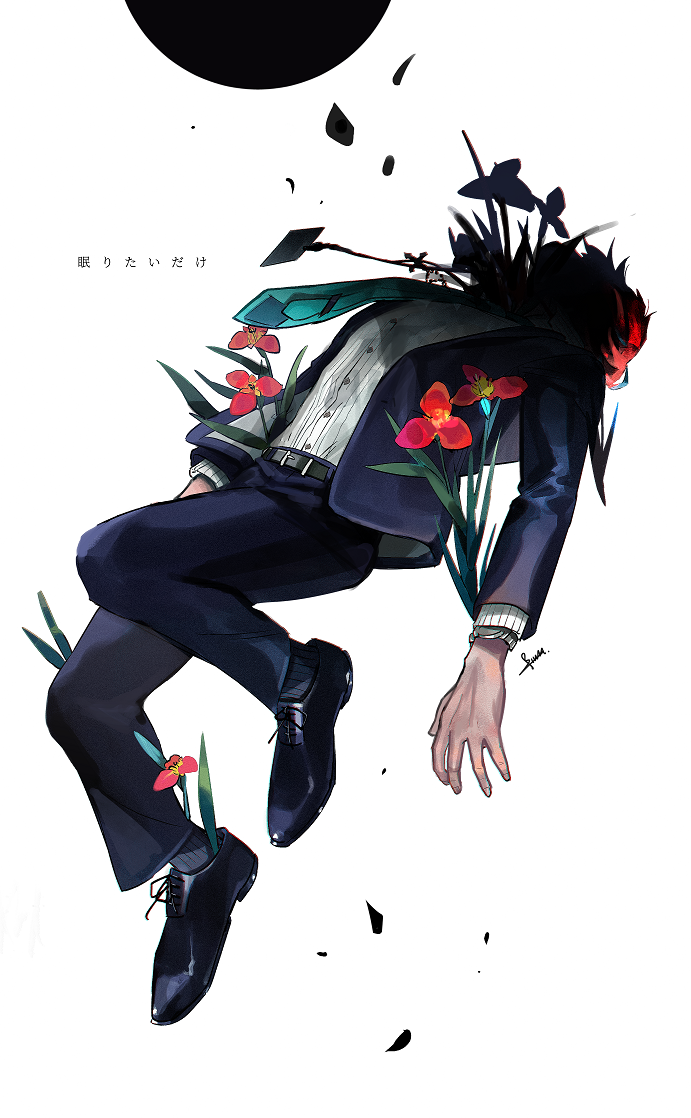 1boy black_footwear black_jacket black_pants blue_neckwear btmr_game floating flower formal hypnosis_mic id_card jacket jewelry kannonzaka_doppo lanyard long_sleeves male_focus necklace necktie pants red_flower redhead signature simple_background solo suit watch watch