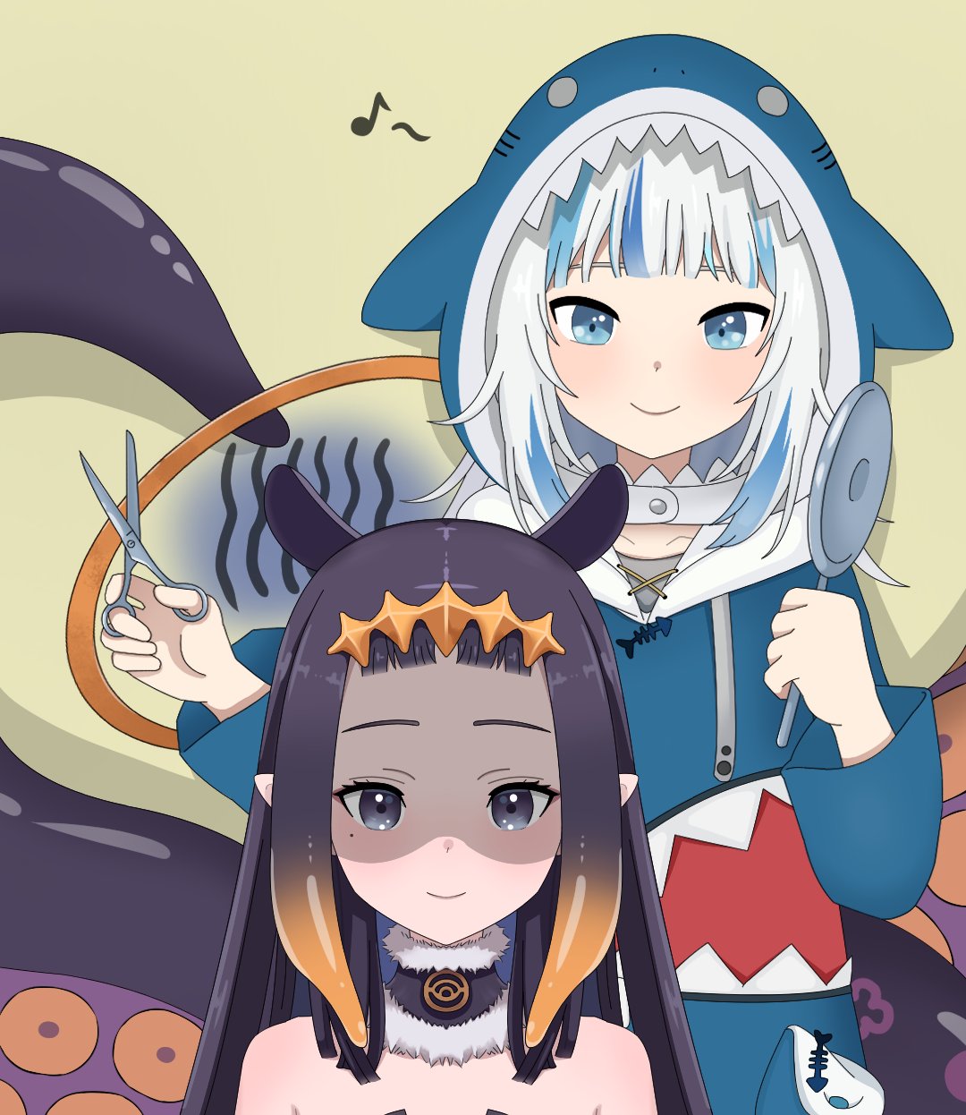 2girls animal_costume animal_hood bangs blue_eyes blue_hair blue_hoodie blunt_bangs cutting_hair gawr_gura halo highres holding hololive hololive_english hood hoodie long_hair medium_hair mole mole_under_eye multicolored_hair multiple_girls ninomae_ina'nis open_mouth pointy_ears purple_hair scissors shaded_face shark_costume shark_girl shark_hood silver_hair smile streaked_hair tentacles virtual_youtuber