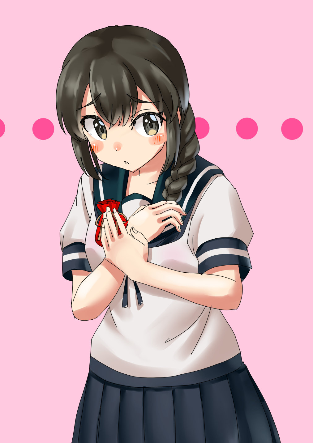 1girl bag black_eyes black_hair blue_sailor_collar blue_skirt braid hair_between_eyes hair_over_shoulder hands_on_own_chest highres isonami_(kantai_collection) kantai_collection mayura2002 pink_background pleated_skirt sailor_collar satchel school_uniform serafuku sidelocks single_braid skirt solo