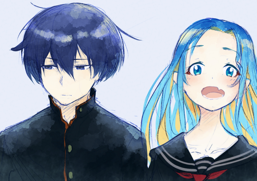 1boy 1girl bangs black_jacket black_sailor_collar black_serafuku black_shirt blonde_hair blue_background blue_hair blush closed_mouth cluseller collarbone colored_inner_hair commentary english_commentary engrish_commentary fang forehead gradient_hair hair_between_eyes hair_intakes jacket looking_at_viewer looking_away looking_to_the_side multicolored_hair neckerchief open_mouth original red_neckwear sailor_collar school_uniform serafuku shiny shiny_hair shirt short_hair simple_background skin_fang teeth upper_body