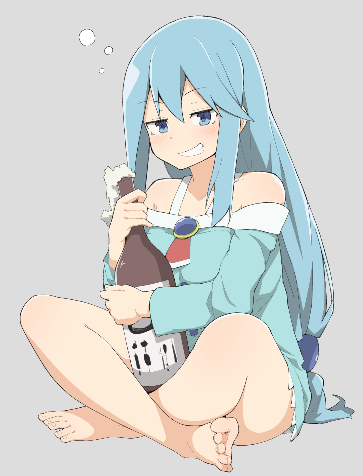 1girl aqua_(konosuba) bare_legs bare_shoulders barefoot blue_eyes blue_hair bottle drunk feet foam grey_background grin indian_style kono_subarashii_sekai_ni_shukufuku_wo! long_hair low-tied_long_hair pajamas sake_bottle salpin sitting smile