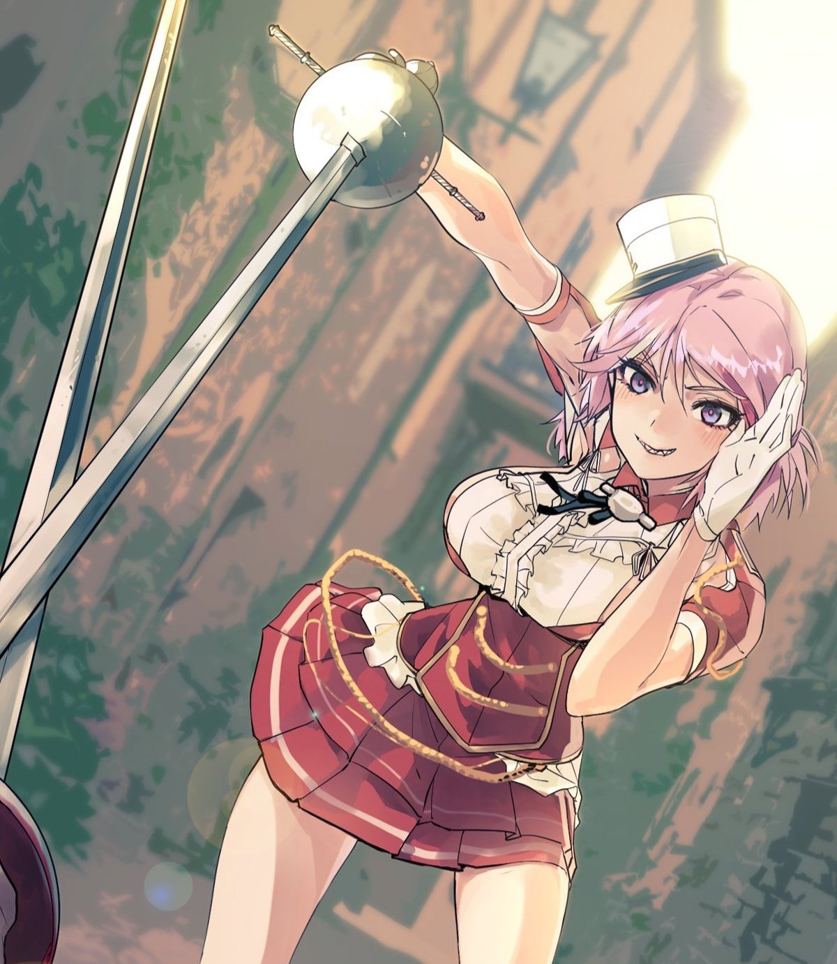 1girl bitchcraft123 blush breasts cowboy_shot giuseppe_garibaldi_(kantai_collection) gloves grin highres kantai_collection large_breasts pink_hair pleated_skirt rapier red_shirt red_skirt shirt short_hair short_sleeves skirt smile solo sword violet_eyes weapon white_gloves white_headwear