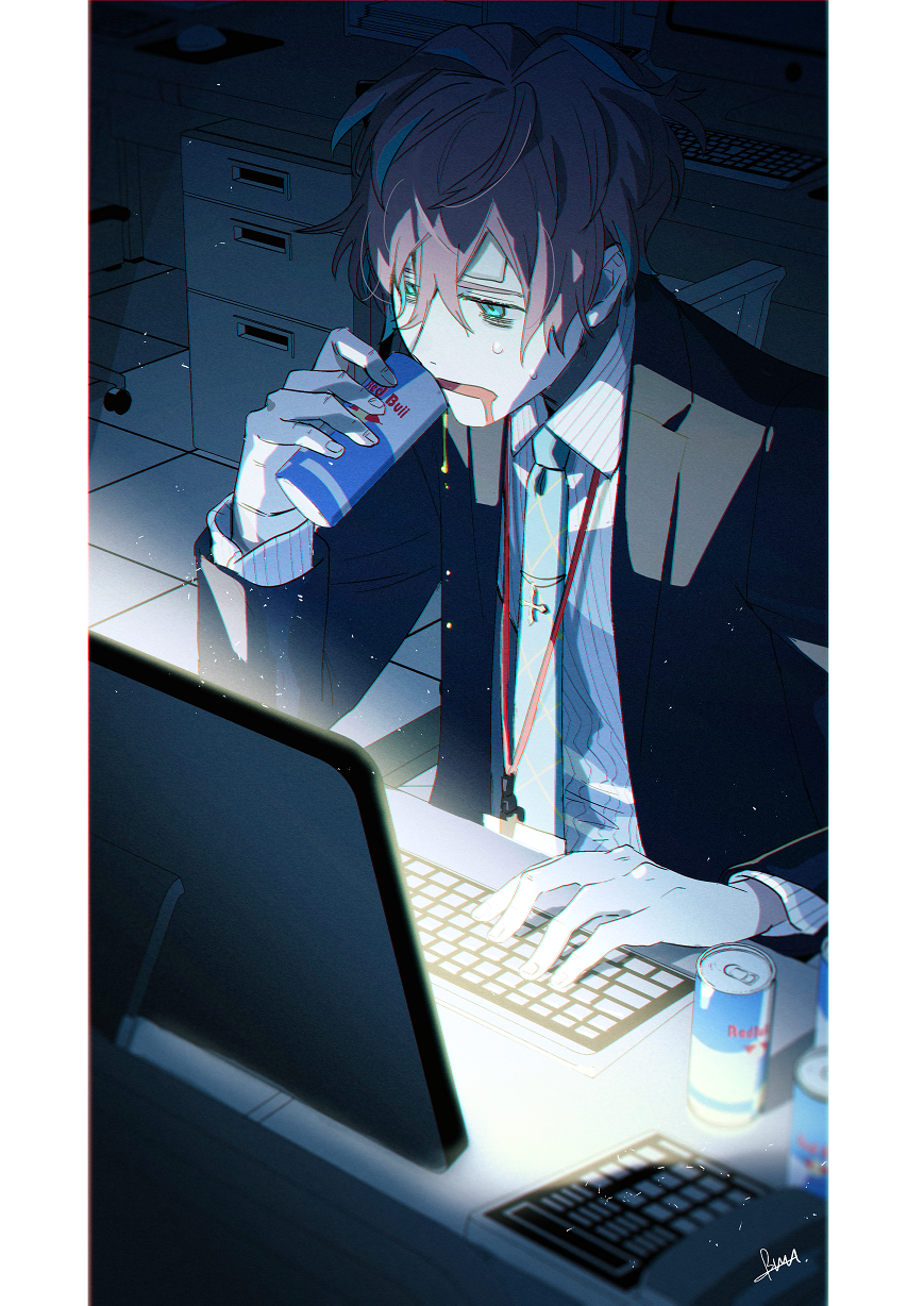 1boy bangs black_jacket blue_eyes blue_hair btmr_game can chair drooling energy_drink hair_between_eyes highres hypnosis_mic id_card indoors jacket kannonzaka_doppo keyboard_(computer) lanyard long_sleeves male_focus monitor multicolored_hair necktie open_mouth red_bull redhead signature sitting solo sweat