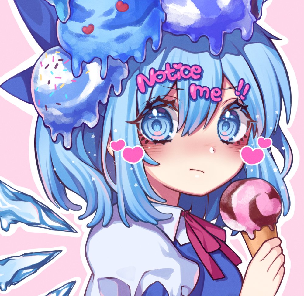 1girl blue_eyes blue_hair blush cirno food hair_ornament heart holding holding_food ice ice_cream ice_cream_cone ice_wings kyouda_suzuka looking_at_viewer melting neck_ribbon outline pink_background portrait ribbon solo sprinkles touhou white_outline wings