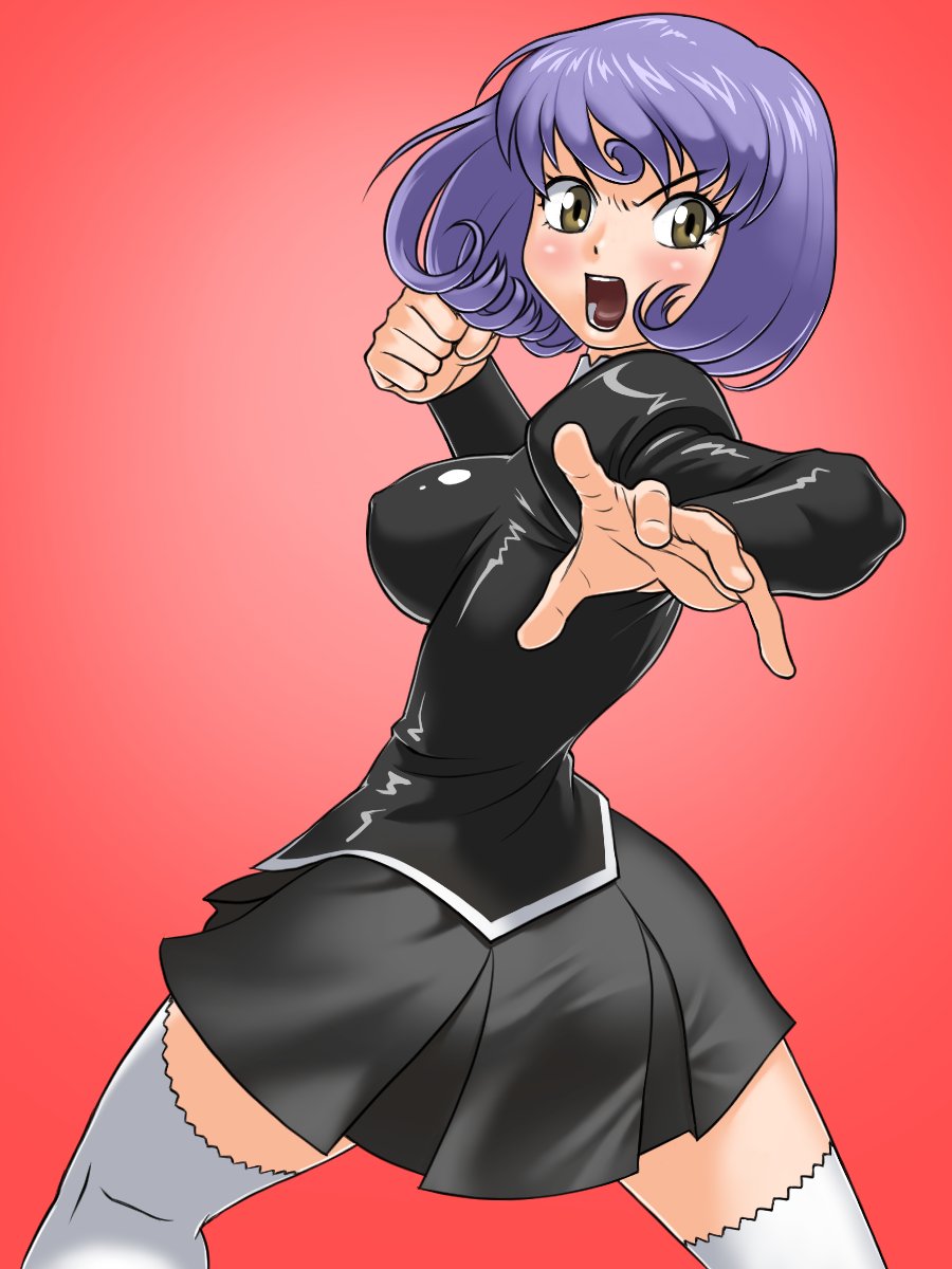 1girl agent_aika aika_(series) ass bangs black_delmo black_delmo_leader black_jacket black_skirt blush bob_cut breasts brown_eyes clenched_hand commentary_request covered_nipples cravat delmogeny_uniform eyebrows_visible_through_hair fighting_stance highres jacket juliet_sleeves kneepits long_sleeves medium_breasts open_mouth panties pleated_skirt puffy_sleeves punching_at_viewer purple_hair red_background short_hair simple_background skirt solo standing thigh-highs tsuichi underwear upper_teeth v-shaped_eyebrows white_legwear white_panties
