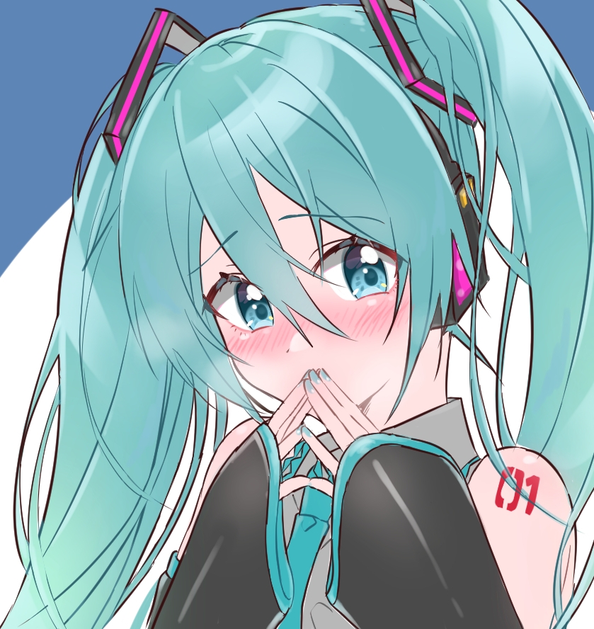 1girl aqua_eyes aqua_hair aqua_nails aqua_neckwear bare_shoulders black_sleeves blush commentary covering_mouth detached_sleeves grey_shirt hair_ornament hatsune_miku headphones long_hair looking_at_viewer nail_polish necktie portrait shirt shoulder_tattoo sleeveless sleeveless_shirt sleeves_past_wrists solo steepled_fingers supo01 tattoo twintails very_long_hair vocaloid