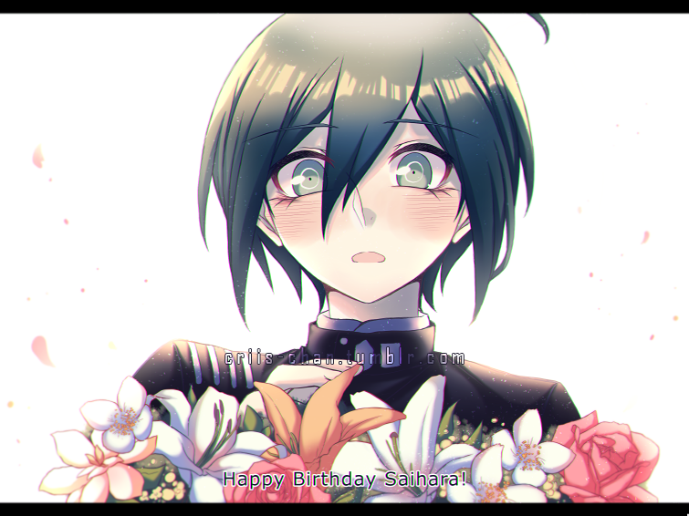 1boy bangs black_hair black_jacket blush bouquet character_name commentary_request criis-chan dangan_ronpa face flower grey_eyes hair_between_eyes happy_birthday jacket letterboxed looking_at_viewer male_focus new_dangan_ronpa_v3 open_mouth petals saihara_shuuichi simple_background solo striped_jacket subtitled watermark web_address white_background white_flower
