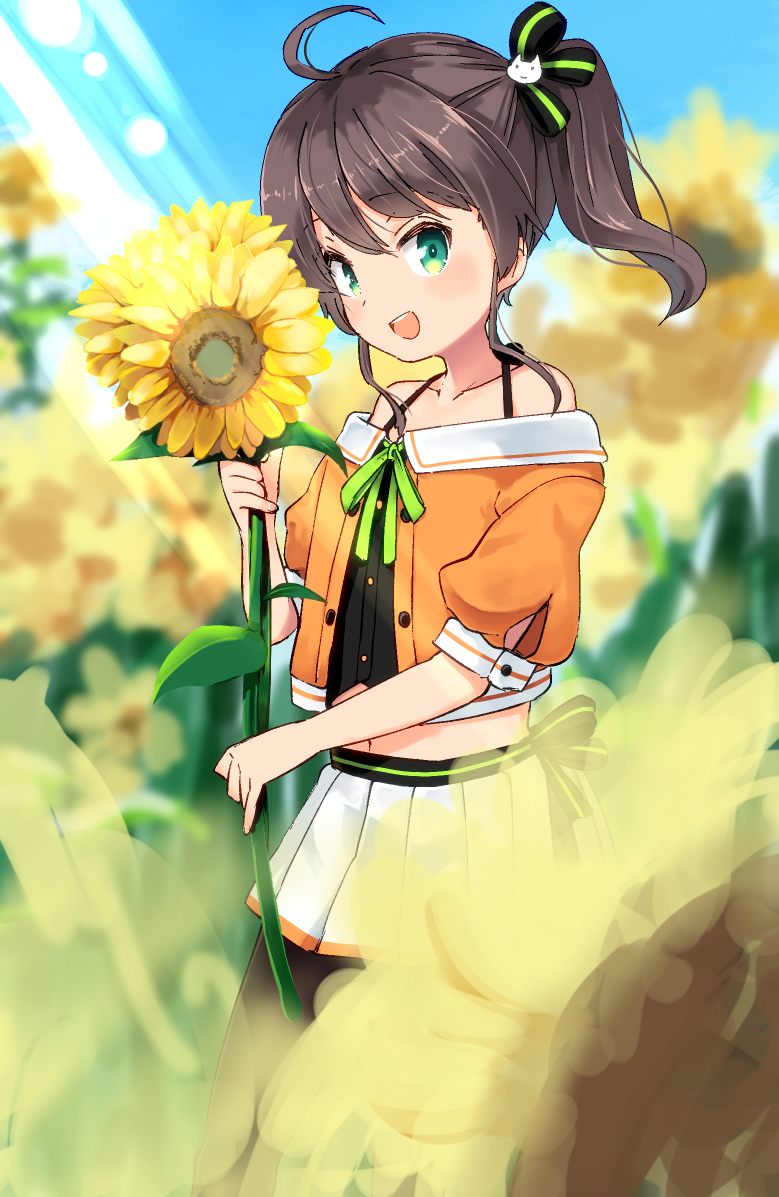 1girl :d ahoge blush brown_hair field flower flower_field green_neckwear green_ribbon greyscale hair_ribbon holding holding_flower hololive hota jacket light_rays looking_at_viewer medium_hair miniskirt monochrome natsuiro_matsuri neck_ribbon one_side_up open_mouth orange_jacket pantyhose pleated_skirt puffy_short_sleeves puffy_sleeves ribbon round_teeth short_sleeves skirt smile solo standing sunflower teeth upper_teeth white_skin