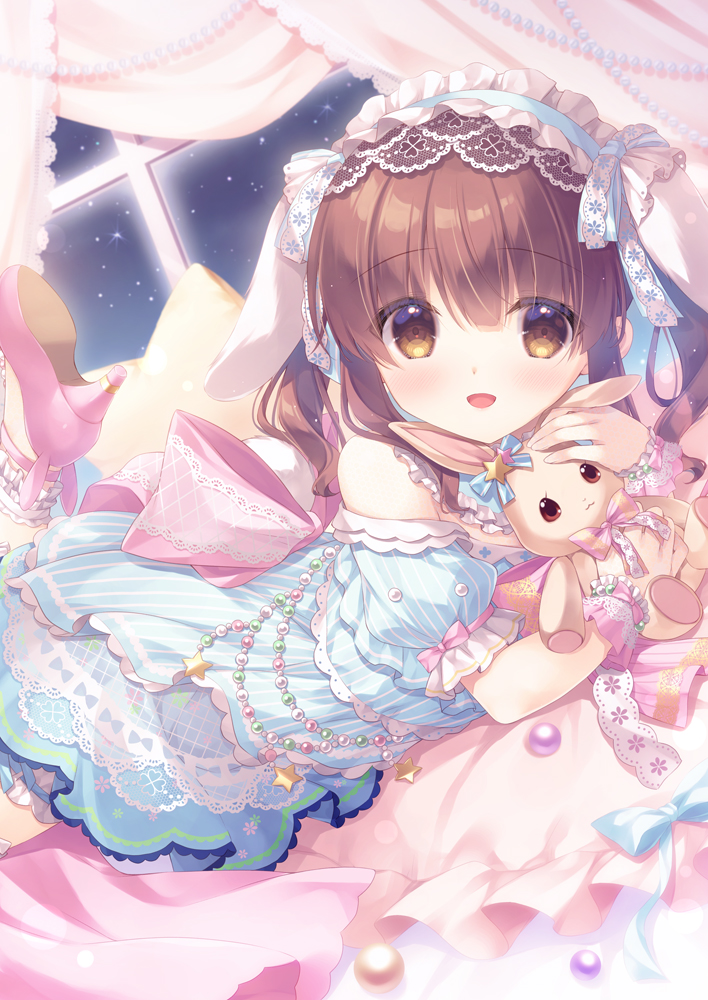1girl :d animal_ears bangs bare_shoulders bed_sheet blue_dress brown_eyes brown_hair commentary_request curtains dress eyebrows_visible_through_hair hair_between_eyes high_heels idolmaster idolmaster_cinderella_girls indoors kemonomimi_mode leg_up looking_at_viewer ogata_chieri pink_footwear puffy_short_sleeves puffy_sleeves rabbit_ears shoe_soles short_sleeves smile solo star_pillow striped striped_dress stuffed_animal stuffed_bunny stuffed_toy twintails vertical-striped_dress vertical_stripes window wrist_cuffs yukie_(peach_candy)