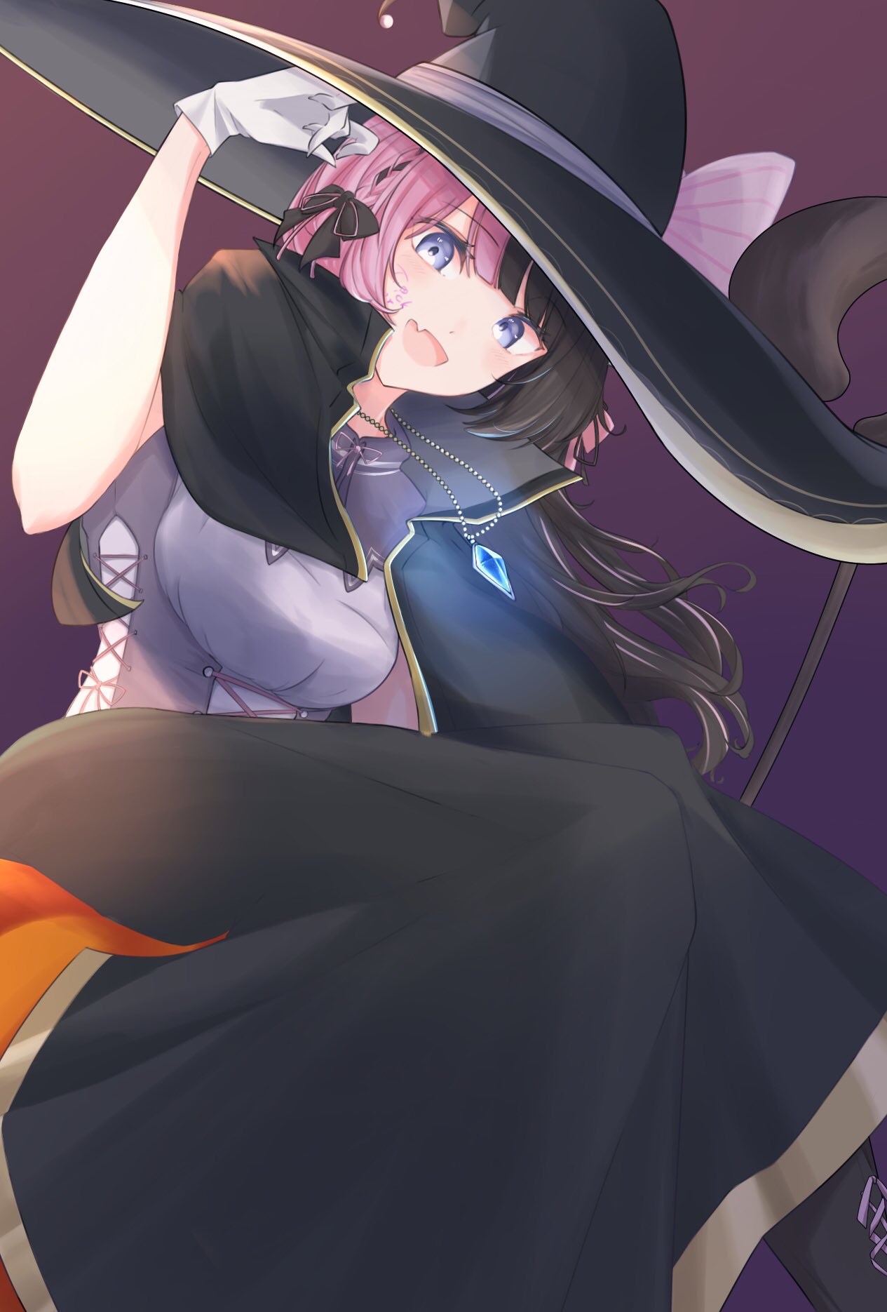 1girl adjusting_clothes adjusting_headwear alternate_costume bangs black_cloak black_hair blue_eyes blunt_bangs boots bow breasts brooch capelet cloak cross-laced_footwear cross-laced_vest fang gem gloves halloween hat hat_bow highres holding holding_staff iris_black_games jewelry long_hair long_skirt medium_breasts multicolored_hair necklace pendant pink_hair purple_background side_slit skirt solo staff tachibana_hinano two-tone_hair very_long_hair vest virtual_youtuber wataron white_gloves witch witch_hat