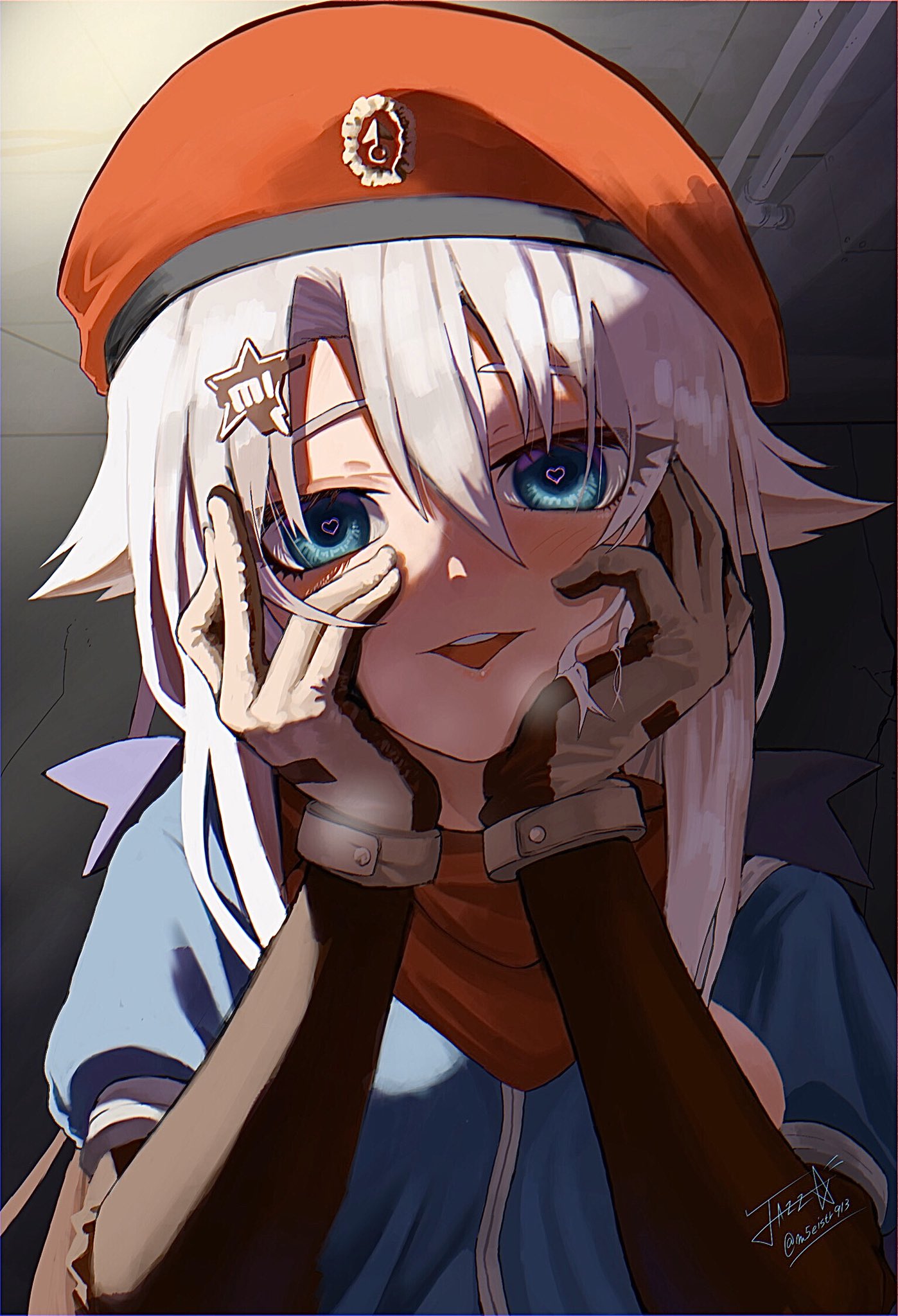 1girl 9a-91_(girls_frontline) artist_name bangs beret blue_eyes blush commentary girls_frontline globes gloves grey_gloves hair_ornament hands_on_own_face hat heart heart-shaped_pupils heavy_breathing highres jazz_(fuukan) long_hair long_sleeves looking_at_viewer open_mouth red_headwear short_over_long_sleeves short_sleeves signature smile solo star_(symbol) star_hair_ornament symbol-shaped_pupils textless translated white_hair yandere_trance