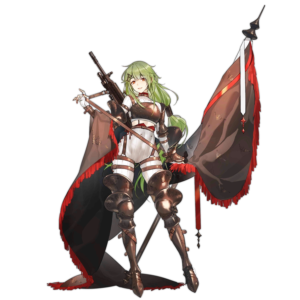 1girl armor armored_boots bangs boots breastplate character_name choker eyebrows_visible_through_hair fingerless_gloves flag full_body girls_frontline gloves green_hair gun hair_ornament heart heart-shaped_pupils knight long_hair low-tied_long_hair medieval mk48 mk48_(girls_frontline) official_art red_eyes sa_(h28085) sling solo standing strap symbol-shaped_pupils thigh_strap transparent_background weapon weapon_on_back yellow_pupils