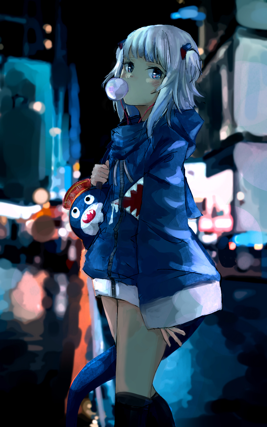 1girl arm_at_side bloop_(gawr_gura) blue_coat blurry bubble_blowing building car chewing_gum city city_lights coat cowboy_shot depth_of_field drawstring fish_tail gawr_gura ground_vehicle highres hololive hololive_english hooded_coat kneehighs looking_at_viewer medium_hair motor_vehicle multicolored_hair night ostin0127 reflective_floor road shark_tail skyscraper sleeves_past_wrists solo streaked_hair street tail two_side_up virtual_youtuber wet_ground white_hair