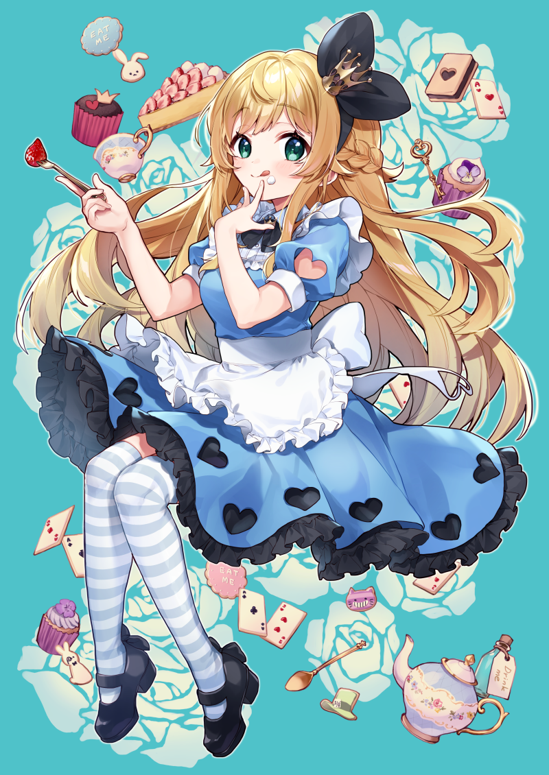 1girl :q ace_of_clubs ace_of_hearts alice_(wonderland) alice_in_wonderland apron bangs black_footwear black_ribbon blonde_hair blue_background blue_dress braid breasts card closed_mouth clothing_cutout club crown cup cupcake dress drink_me eyebrows_visible_through_hair floral_background food food_on_face fork frilled_apron frills fruit full_body green_eyes hair_ribbon hands_up heart heart_cutout high_heels holding holding_fork key long_hair medium_breasts mini_crown playing_card puffy_short_sleeves puffy_sleeves ribbon shoes short_sleeves smile solo spoon strawberry striped striped_legwear teapot thigh-highs tilted_headwear tongue tongue_out very_long_hair weapon white_apron yamabukiiro