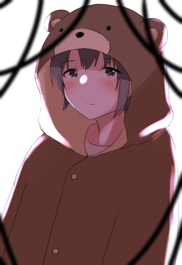 1girl animal_costume animal_hood bear_costume bear_hood blurry_foreground cosplay hood idolmaster idolmaster_cinderella_girls iwakura_lain iwakura_lain_(cosplay) looking_at_viewer otokura_yuuki short_hair simple_background solo white_background wire yuki_(7thphoneme)