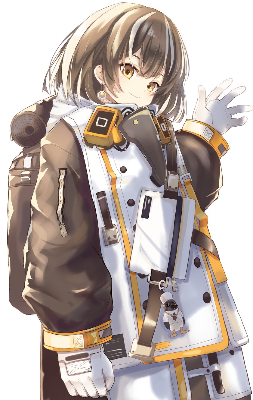 1girl arknights arm_up backpack bag beak_mask black_hair brown_eyes coat earrings eyebrows_visible_through_hair gas_mask gloves highres jewelry keychain long_hair long_sleeves looking_at_viewer magallan_(arknights) multicolored_hair solo tokoi waving white_background white_gloves white_hair winter_clothes winter_coat