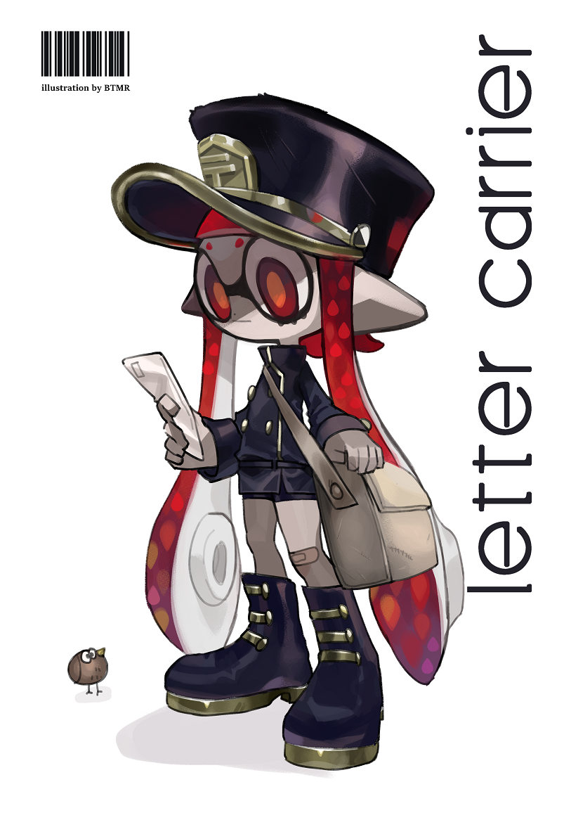 1girl bag bandaid bandaid_on_knee barcode bird black_footwear black_headwear black_jacket black_shorts boots btmr_game closed_mouth domino_mask hat holding holding_letter inkling jacket letter long_hair long_sleeves mask messenger_bag red_eyes redhead shadow shorts shoulder_bag simple_background splatoon_(series) standing tentacle_hair white_background