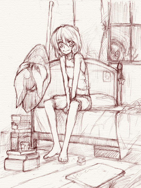 barefoot bed bedroom bloomers book braid camisole creepy cup curtains hat hat_removed headwear_removed kirisame_marisa monochrome mug purple sketch smile stalker stalking star tarou touhou v_arms window witch_hat