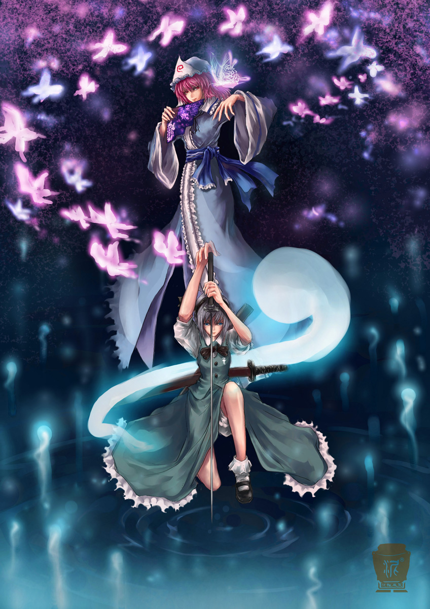 butterflies danmaku fan floating folding_fan highres hitodama kong_xian konpaku_youmu konpaku_youmu_(ghost) myon pickles ripples saigyouji_yuyuko sword touhou weapon