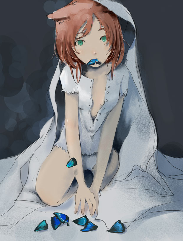 arihara_kouji bed bed_sheet butterfly cat_ears flat_chest green_eyes mouth_hold original red_hair redhead sheets