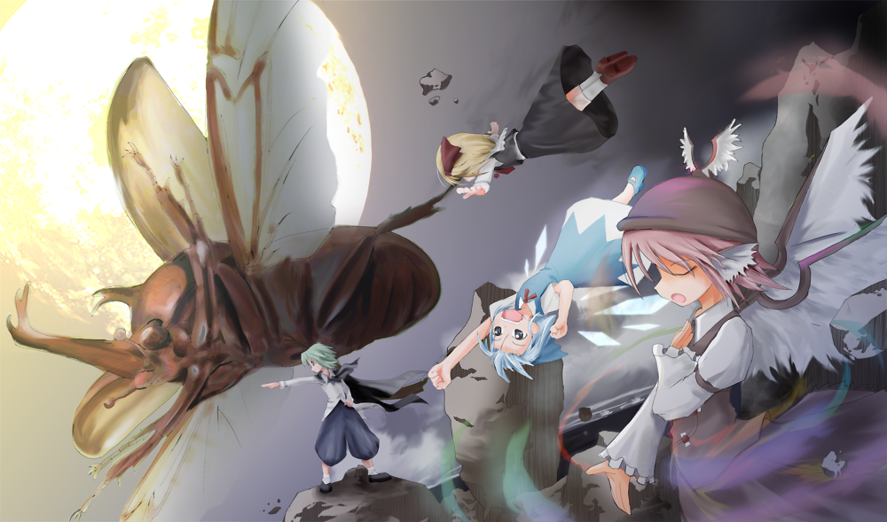 animal antennae beetle blonde_hair blue_hair bow cape cirno dress flying green_hair hair_bow hat ice insect moon moriya_suo mystia_lorelei open_mouth outstretched_arms oversized_animal pink_hair ribbon ribbons rumia singing smile spread_arms suo team_9 touhou upside-down wings wriggle_nightbug