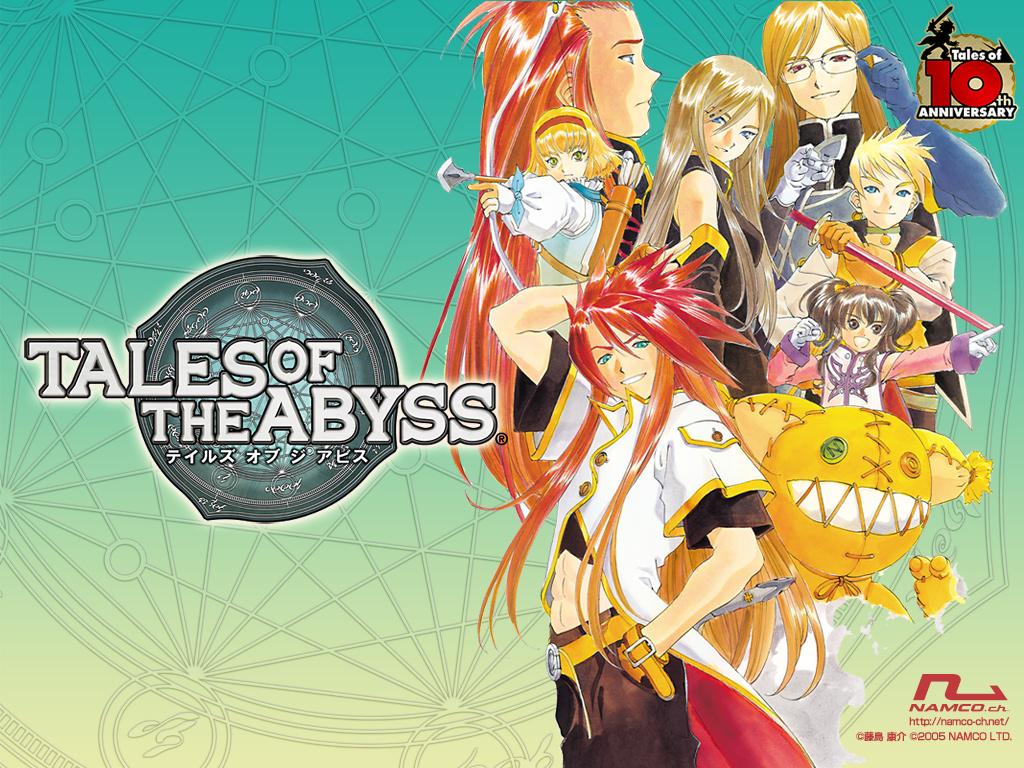 4boys anise_tatlin asch bow_(weapon) fujishima_kousuke guy_cecil jade_curtiss kosuke_fujishima logo luke_fon_fabre multiple_boys multiple_girls namco natalia_luzu_kimlasca_lanvaldear official_art tales_of_(series) tales_of_the_abyss tear_grants title_drop tokunaga wallpaper weapon