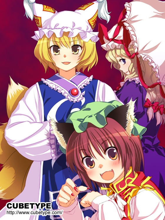 animal_ears blonde_hair brown_eyes brown_hair cat_ears chen cubetype earrings fangs fox_tail hair_ribbon happy hat jewelry long_hair multiple_girls multiple_tails purple_eyes ribbon short_hair tail touhou yakumo_ran yakumo_yukari yellow_eyes yuuki_keisuke