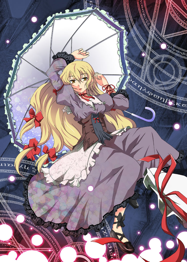 apr arms_up blonde_hair bow danmaku dress frills hair_bow hands long_hair magic_circle no_hat no_headwear parasol solo touhou umbrella very_long_hair yakumo_yukari yellow_eyes