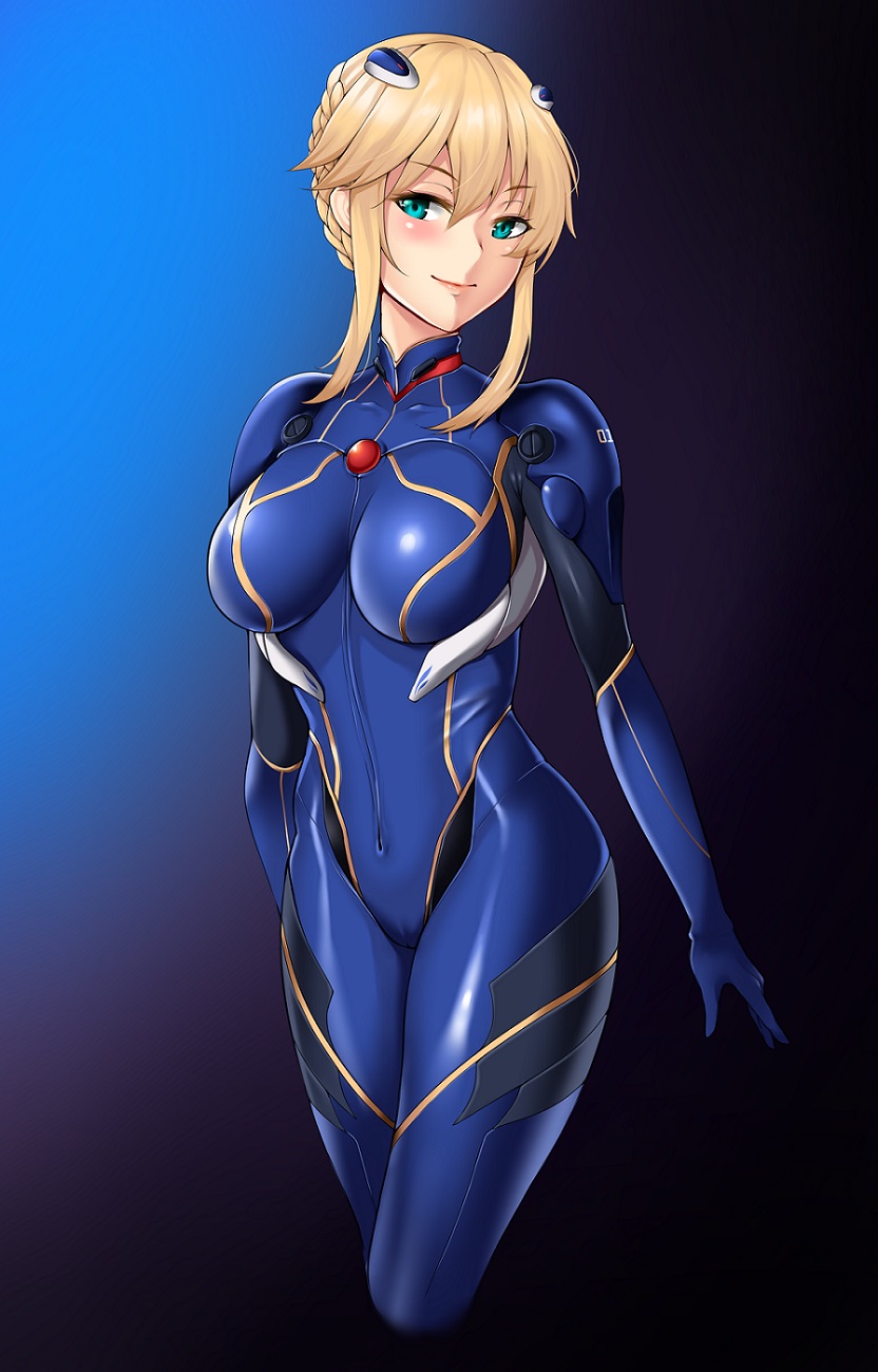 1girl artoria_pendragon_(all) blonde_hair blue_bodysuit bodysuit braid breasts covered_navel crown_braid fate/grand_order fate_(series) green_eyes hair_between_eyes highres matrix16 medium_breasts neon_genesis_evangelion plugsuit simple_background skin_tight solo