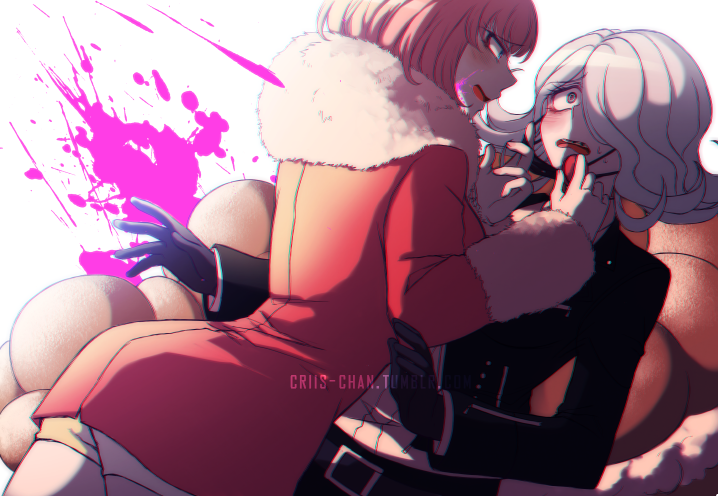 2girls andou_ruruka ass belt black_belt black_gloves black_jacket black_pants blood blood_on_face blood_splatter blush coat commentary criis-chan dangan_ronpa dangan_ronpa_3 eye_contact fur_trim glasses gloves grey_hair hair_over_one_eye jacket kimura_seiko long_sleeves looking_at_another mask medium_hair mouth_mask multiple_girls open_mouth pants pink_blood red_eyes shirt short_hair shorts surgical_mask tumblr_username watermark web_address white_shirt