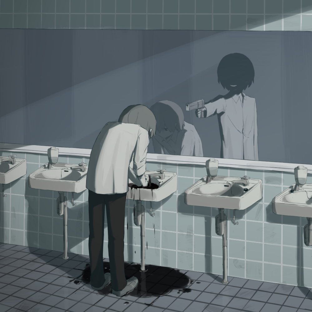 2boys at_gunpoint avogado6 basin blood different_reflection faucet grin gun handgun horror_(theme) long_sleeves mirror multiple_boys muted_color no_eyes original pants pool_of_blood puddle reflection restroom school_uniform shirt sink smile standing tile_floor tile_wall tiles toilet washing_hands weapon