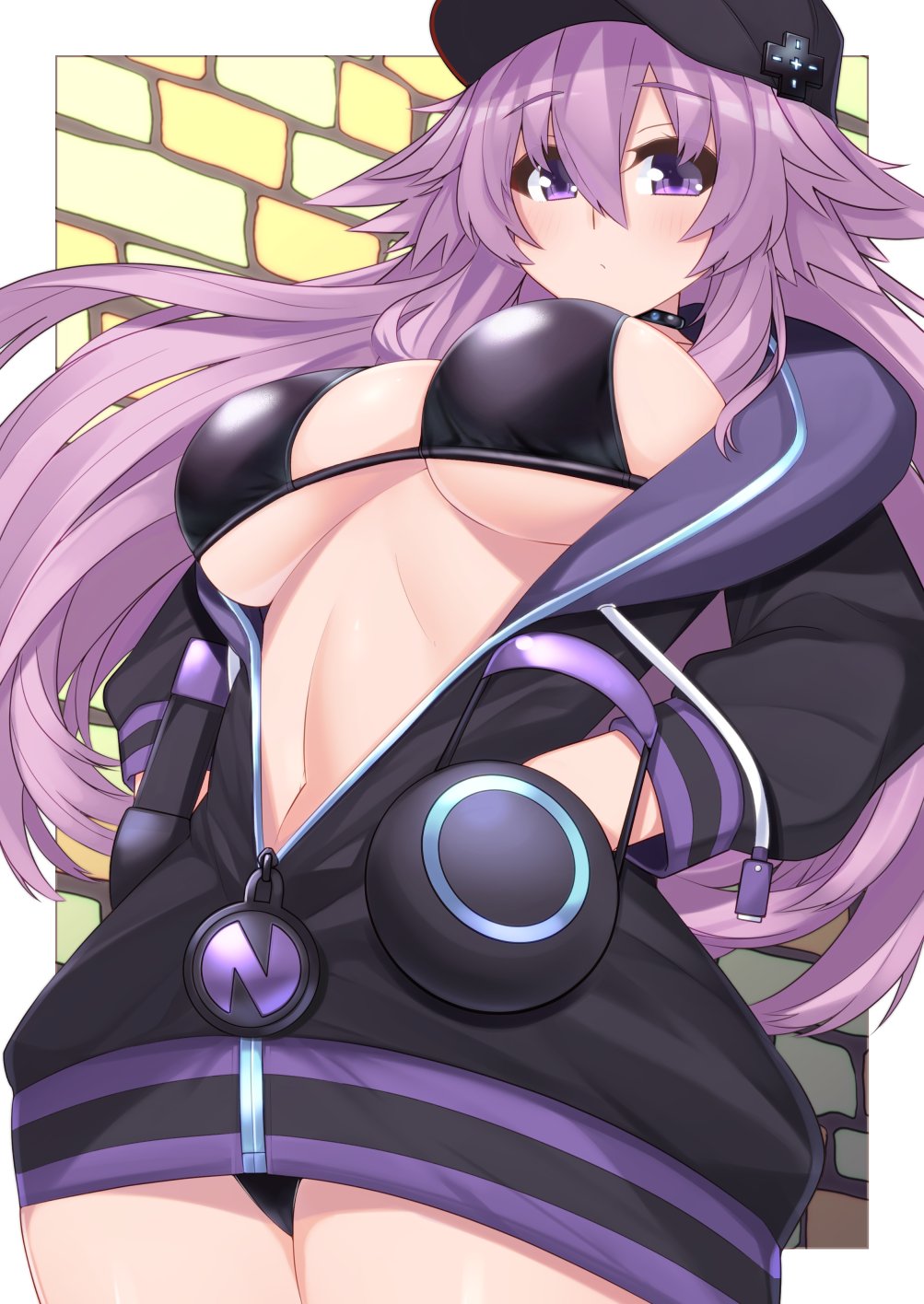 1girl adult_neptune black_collar blush breasts collar d-pad d-pad_hair_ornament dura eyebrows_visible_through_hair hair_between_eyes hair_ornament highres hood hooded_track_jacket jacket large_breasts long_hair long_sleeves looking_at_viewer neptune_(series) purple_hair shin_jigen_game_neptune_vii sidelocks smile solo track_jacket violet_eyes