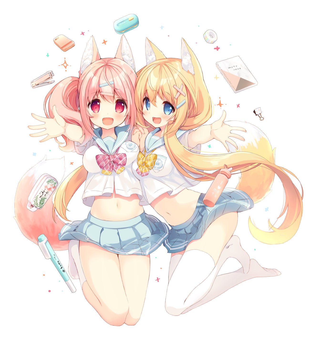 2girls :d amamiya_aki amamiya_mei animal_ear_fluff animal_ears bangs blonde_hair blue_eyes blue_sailor_collar blue_skirt blush bow breasts commentary_request eyebrows_visible_through_hair fingernails fox_ears fox_girl fox_tail good_twins_day hair_between_eyes hair_ornament hairclip hand_up highres holding_hands interlocked_fingers large_breasts long_hair looking_at_viewer midriff mofu-mofu_after_school mofumofu_channel multiple_girls navel no_shoes open_mouth outstretched_arm p19 pink_hair plaid plaid_bow red_bow red_eyes sailor_collar school_uniform serafuku shirt short_sleeves siblings sisters skirt smile socks stapler tail thigh-highs twins twintails very_long_hair white_background white_legwear white_shirt x_hair_ornament yellow_bow