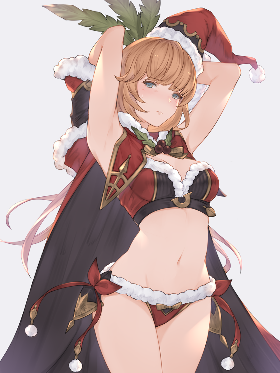1girl alternate_costume armpits arms_behind_head bikini blush breasts cape clarisse_(granblue_fantasy) clarisse_(granblue_fantasy)_(cosplay) cosplay cowboy_shot eyebrows_visible_through_hair fur-trimmed_cape fur-trimmed_gloves fur_trim gloves granblue_fantasy green_eyes grey_background hat highres holly legs_together long_hair looking_at_viewer mature medium_breasts navel orange_hair promethea_(granblue_fantasy) red_cape santa_costume santa_hat stomach sweatdrop swimsuit wuming