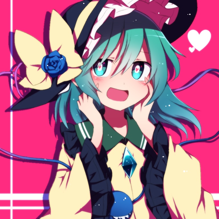 1girl black_headwear blue_flower blue_rose blush bow bright_pupils commentary_request flower green_eyes green_hair hands_on_own_cheeks hands_on_own_face hands_up hat hat_bow hat_flower heart heart-shaped_pupils komeiji_koishi long_sleeves looking_at_viewer open_mouth pink_background rose shirt short_hair smile solo symbol-shaped_pupils third_eye touhou upper_body white_pupils wide_sleeves yellow_bow yellow_shirt you_(noanoamoemoe)