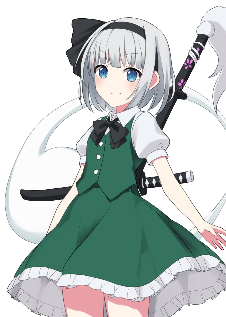 1girl black_hairband black_neckwear black_ribbon blue_eyes bow bowtie cherry_blossom_print cowboy_shot floral_print green_skirt green_vest grey_hair hair_ornament hairband katana konpaku_youmu konpaku_youmu_(ghost) looking_at_viewer puffy_short_sleeves puffy_sleeves ribbon ringed_eyes shirt short_hair short_sleeves simple_background skirt smile solo suzuno_naru sword tassel touhou vest weapon white_background white_shirt