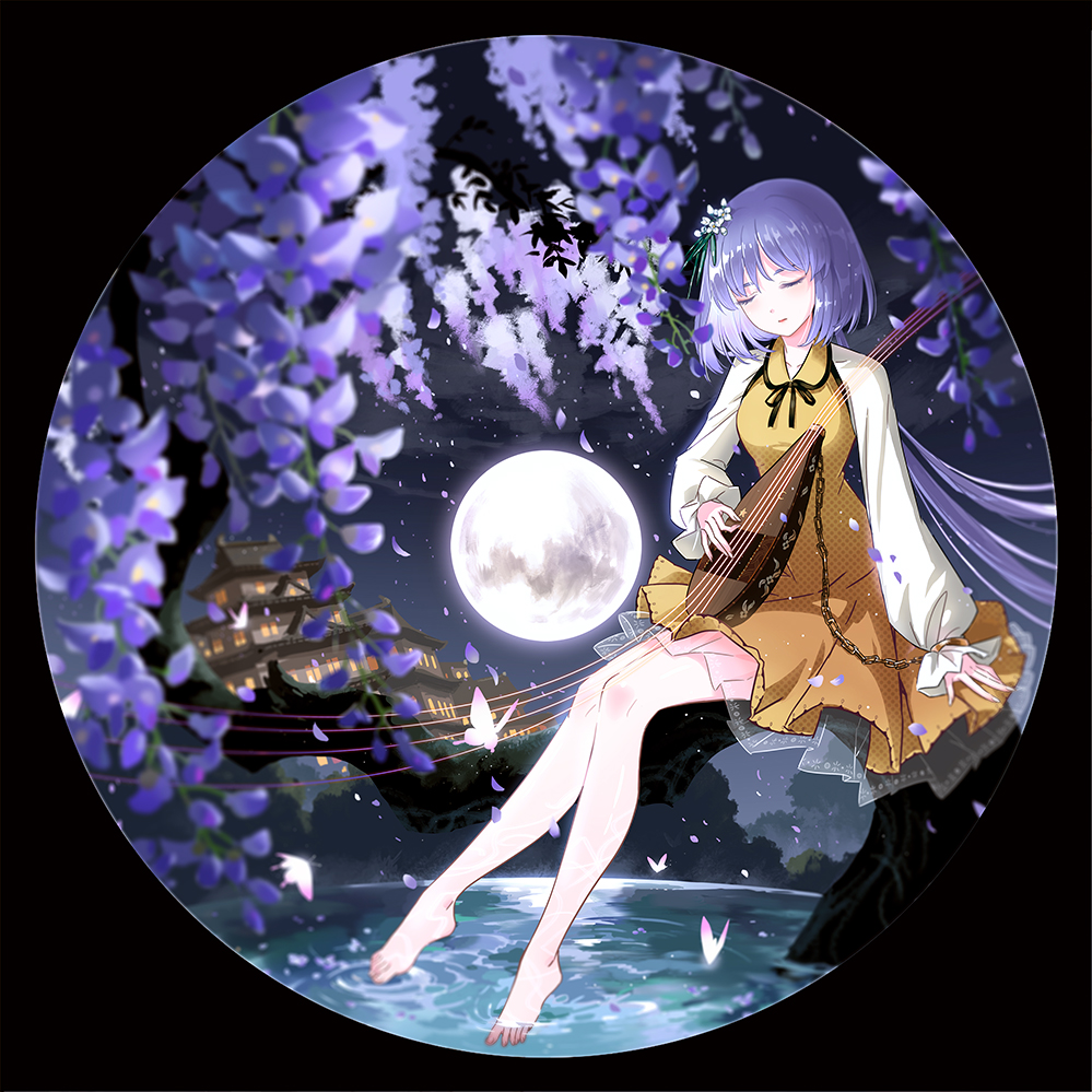 1girl architecture bare_legs barefoot bug butterfly chain circle closed_eyes east_asian_architecture feet flower frame full_moon hair_flower hair_ornament in_tree insect instrument moon music night night_sky playing_instrument purple_hair seeker short_hair sitting sitting_in_tree sky touhou tree tsukumo_benben water_surface wisteria