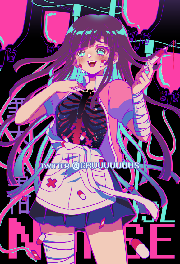 1girl :d @_@ apron bandaged_arm bandaged_leg bandages bandaid bandaid_on_face black_skirt blood blush colored_inner_hair cowboy_shot criis-chan dangan_ronpa eyebrows_visible_through_hair floating_hair green_hair hands_up holding holding_syringe long_hair looking_at_viewer multicolored_hair open_clothes open_mouth open_shirt pill pink_blood pink_shirt puffy_short_sleeves puffy_sleeves purple_hair ribs shiny shiny_hair shirt short_sleeves skirt smile solo super_dangan_ronpa_2 symbol_commentary syringe tsumiki_mikan twitter_username upper_teeth white_apron