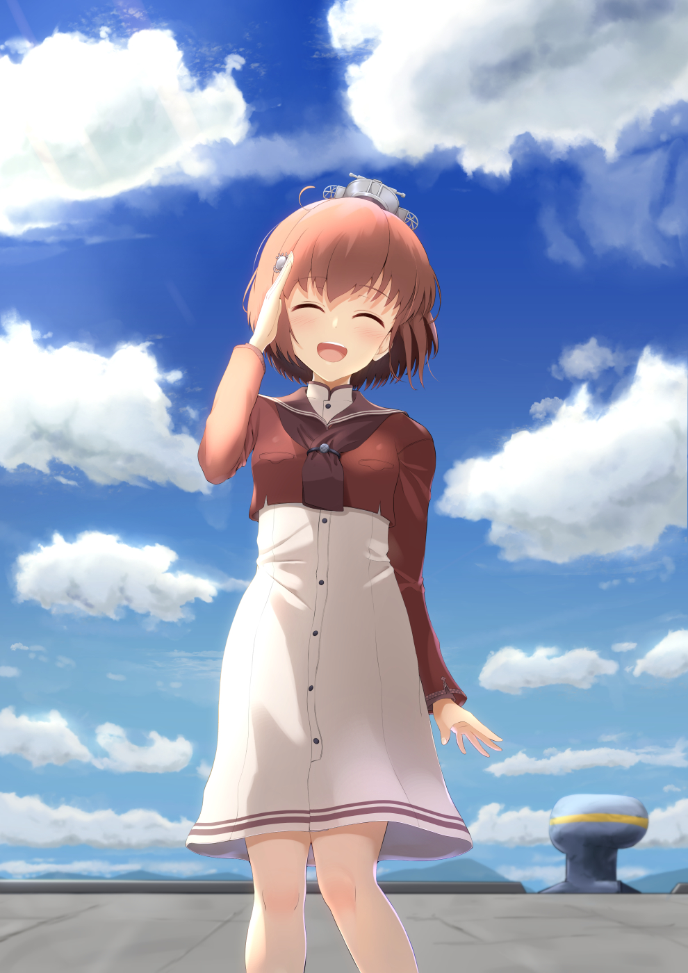 1girl ^_^ ^o^ blush brown_hair brown_neckwear brown_sailor_collar buttons closed_eyes clouds cloudy_sky day eyebrows_visible_through_hair feet_out_of_frame hair_between_eyes hair_ornament highres kantai_collection long_sleeves ochikata_kage open_mouth red_shirt remodel_(kantai_collection) sailor_collar sailor_shirt salute shirt short_hair sky smile solo tan_yang_(kantai_collection) upper_teeth yukikaze_(kantai_collection)