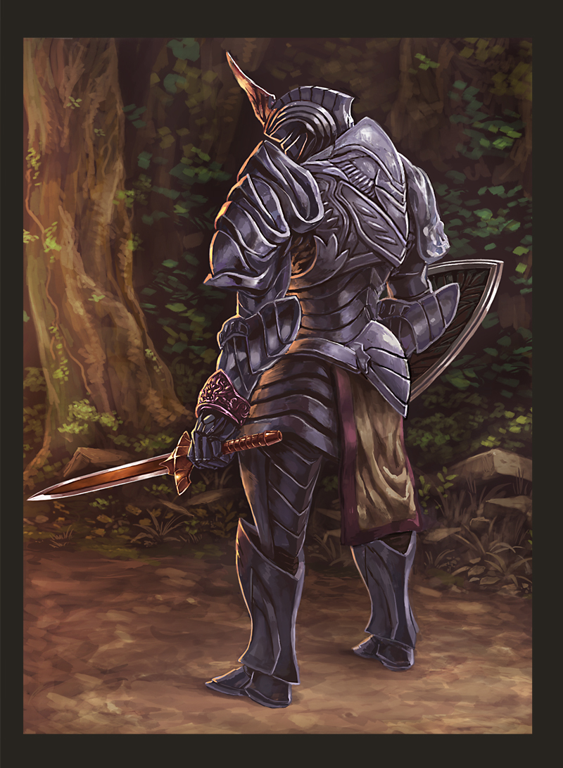 1other armor boots border breastplate facing_away faulds forest from_behind full_armor full_body greaves guchico helmet holding holding_shield holding_sword holding_weapon horned_helmet nature original outdoors pauldrons pelvic_curtain shield shoulder_armor solo standing sword tree weapon