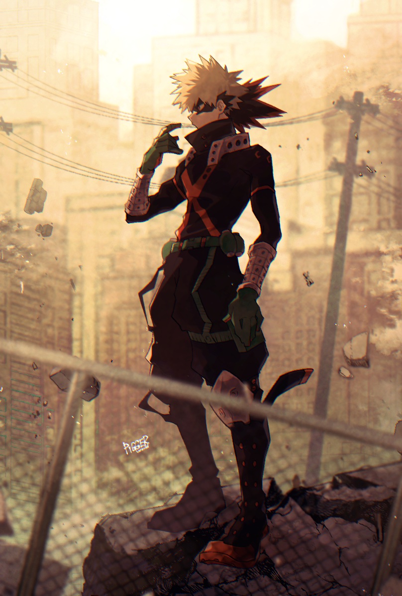 1boy alternate_costume artist_name baggy_pants bakugou_katsuki belt black_footwear black_gloves black_pants blonde_hair blurry_foreground boku_no_hero_academia boots city debris explosive eye_mask fence from_side full_body gloves grenade hair_ornament hand_up looking_at_viewer male_focus outdoors pants red_eyes red_footwear ryo_(piggerworld) short_hair solo spiky_hair standing