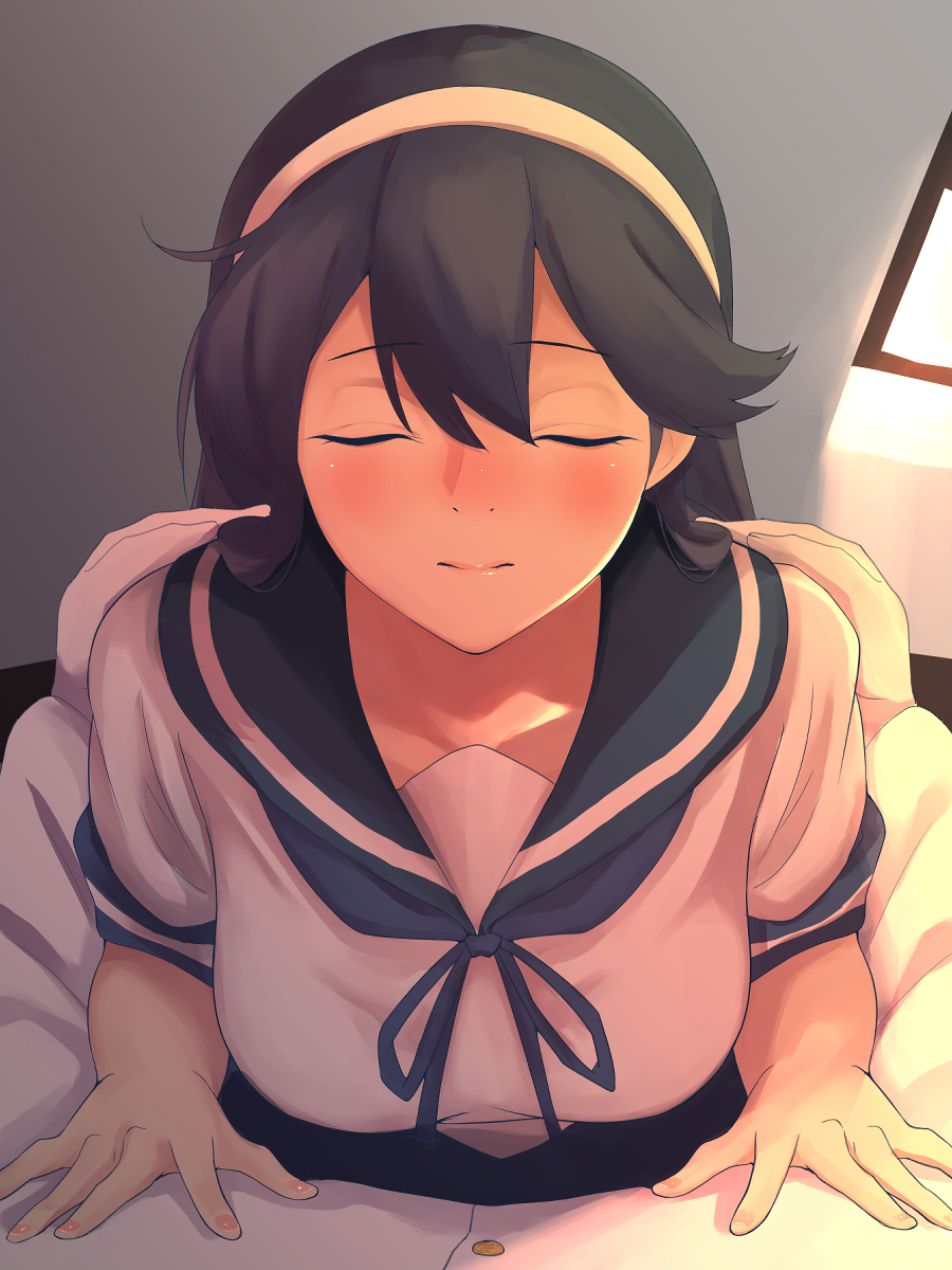 1boy 1girl admiral_(kantai_collection) ahoge bangs black_hair blue_sailor_collar closed_eyes hair_between_eyes hand_on_another's_shoulder headband highres indoors kantai_collection light_blush long_hair military military_uniform naval_uniform pov remodel_(kantai_collection) sailor_collar school_uniform serafuku shingyou_(alexander-13) smile solo_focus uniform ushio_(kantai_collection)