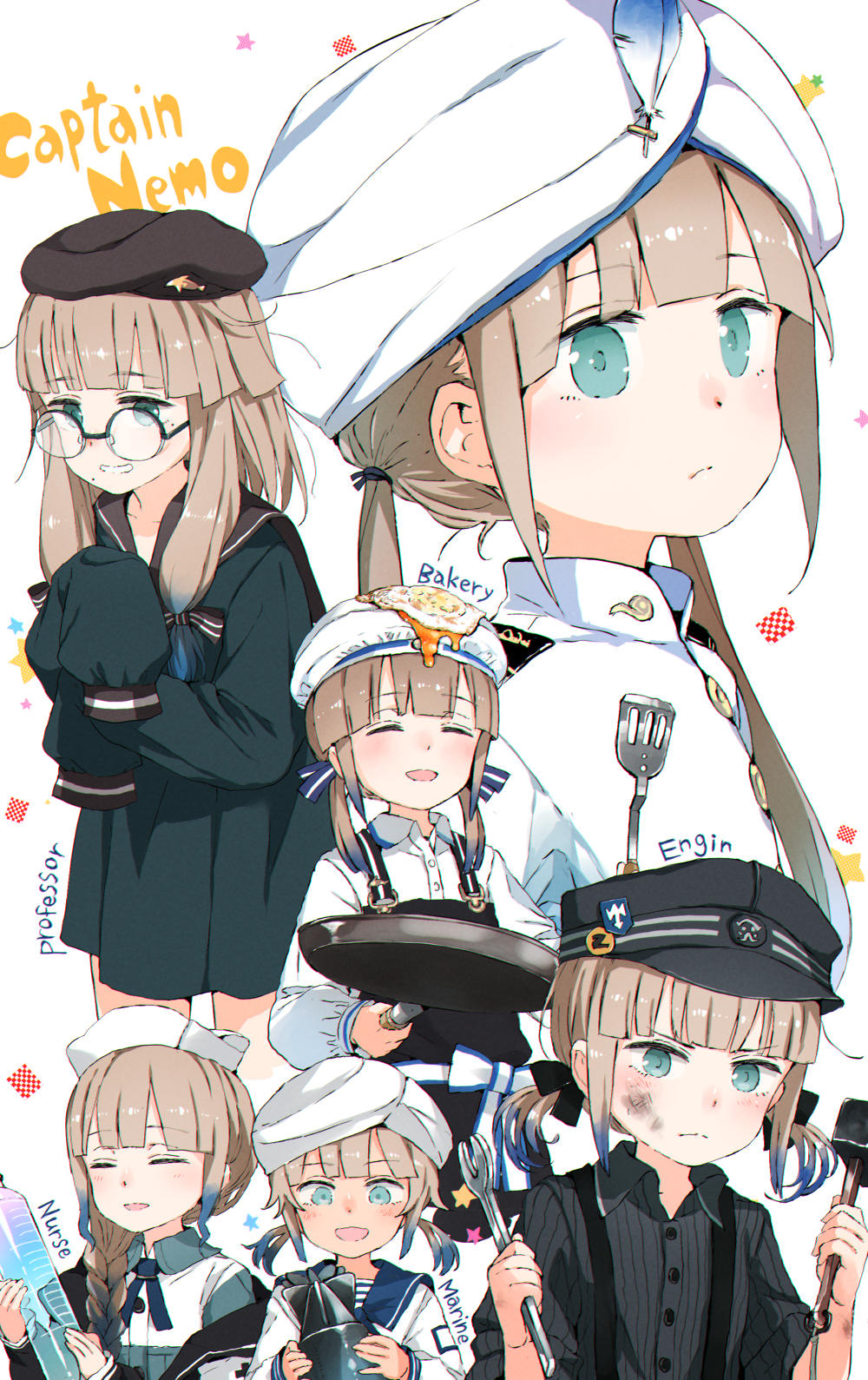 6+girls :d apron aqua_eyes badge bangs bare_legs beret black_apron black_headwear black_ribbon black_sailor_collar black_shirt blonde_hair blue_eyes blue_hair blush bow braid brown_hair button_badge captain_nemo_(fate/grand_order) character_name closed_eyes closed_mouth collared_shirt dirty dirty_face dress_shirt eyebrows_visible_through_hair facing_viewer fate/grand_order fate_(series) fried_egg from_side frown frying_pan glasses gomennasai gradient_hair grin hair_ribbon hammer hat hat_feather highres holding light_frown long_hair long_sleeves low_twintails mechanic mole mole_under_eye multicolored_hair multiple_girls multiple_persona nurse_cap open_mouth overalls oversized_object ribbon round_eyewear sailor_collar shirt short_hair short_twintails sidelocks simple_background single_braid sleeves_past_fingers sleeves_past_wrists sleeves_rolled_up smile solo spatula standing striped striped_shirt syringe teeth tied_hair torpedo turban twintails upper_body v-shaped_eyebrows very_long_sleeves white_background white_bow white_headwear white_shirt wrench