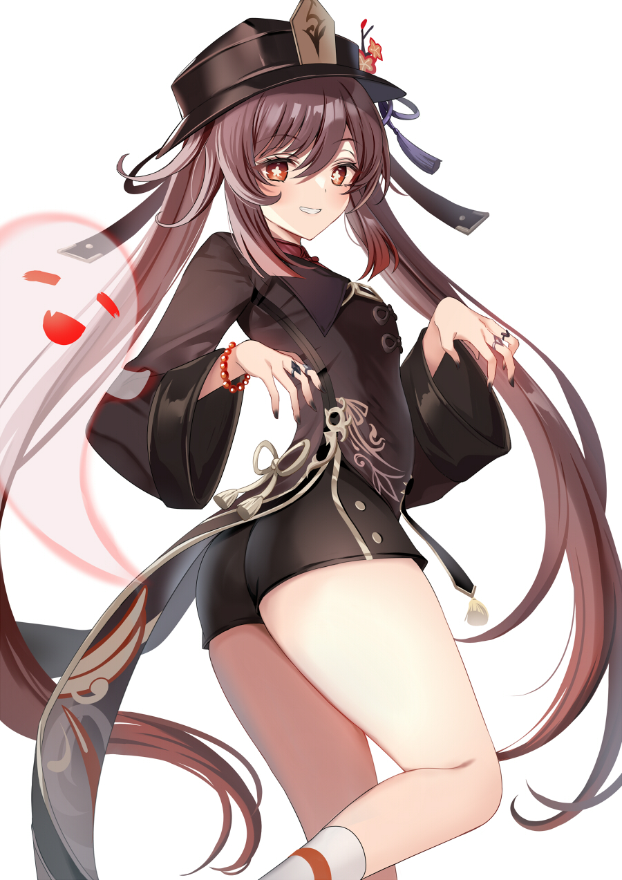 1girl ass bangs black_coat black_headwear black_shorts blush breasts brown_hair coat coattails flower genshin_impact ghost grin harimoji hat hat_flower highres hu_tao_(genshin_impact) long_hair long_sleeves looking_at_viewer plum_blossoms red_eyes shorts small_breasts smile solo symbol-shaped_pupils thighs twintails very_long_hair